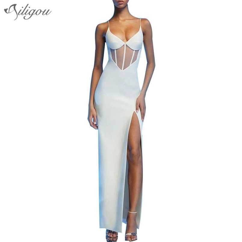 

Free Trendy Waist Hollow Design Sexy V-neck Halter Celebrity Party Club Bandage Long Dress 210525, White