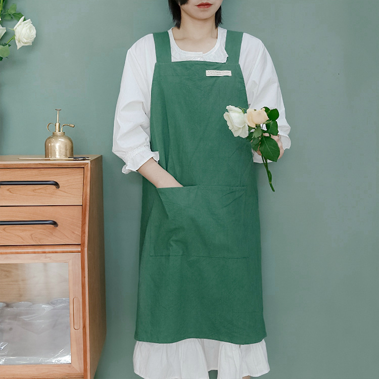 

Japanese Style and Korean Cotton Linen Denim High Grade Simple Solid Color Smock Kitchen Apron