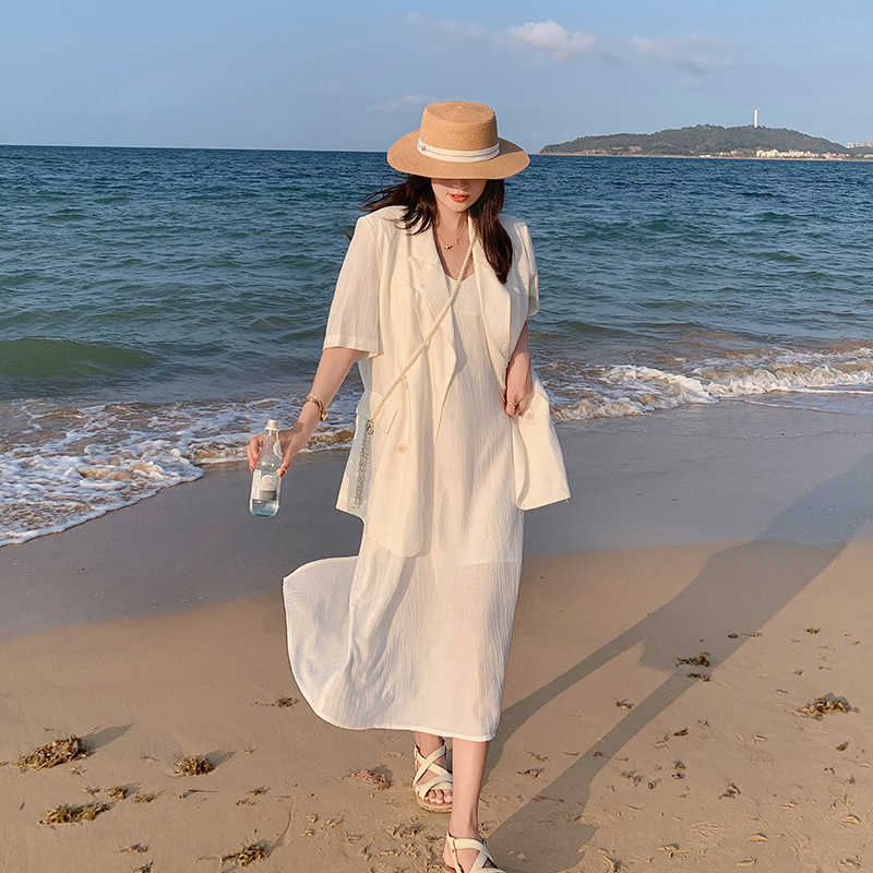 Pink White + Short Sleeve Suit Two Piece Women&#039;s Summer Slim Suspender Skirt-image-702220088