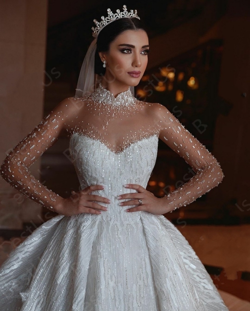 

2021 New Arabic Dubai Vintage Wedding Es High Collar Sheer Long Sleeve Luxury Beading Sequined Bridal Gowns Vestido De Novia Vvcn, Ivory