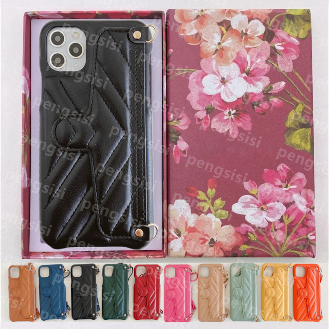 

Luxurys Designers Leather Crossbody Phone Cases For iPhone 12 mini 11 Pro Max XS XR X 8 7 Plus 13 Fashion Print Wallet Case Card Slot Lanyar