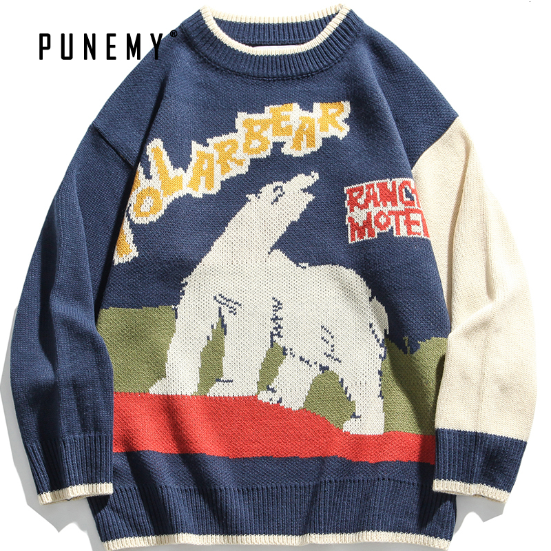 

2021 New Men Sweater Funny Polar Bear Pattern Hip Hop Streetwear Acrylic Harajuku Sweter Oversize Pullover O-neck Autumn Male Sweaters 4eku, Blue