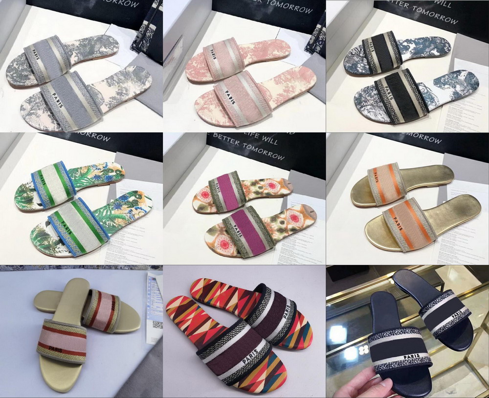 

Women Sandals 2021 Summer Designer Flower Floral Slides Brocade Flip Flops Leather Beach Slippers Shoes Ladies Mules With Box, Black