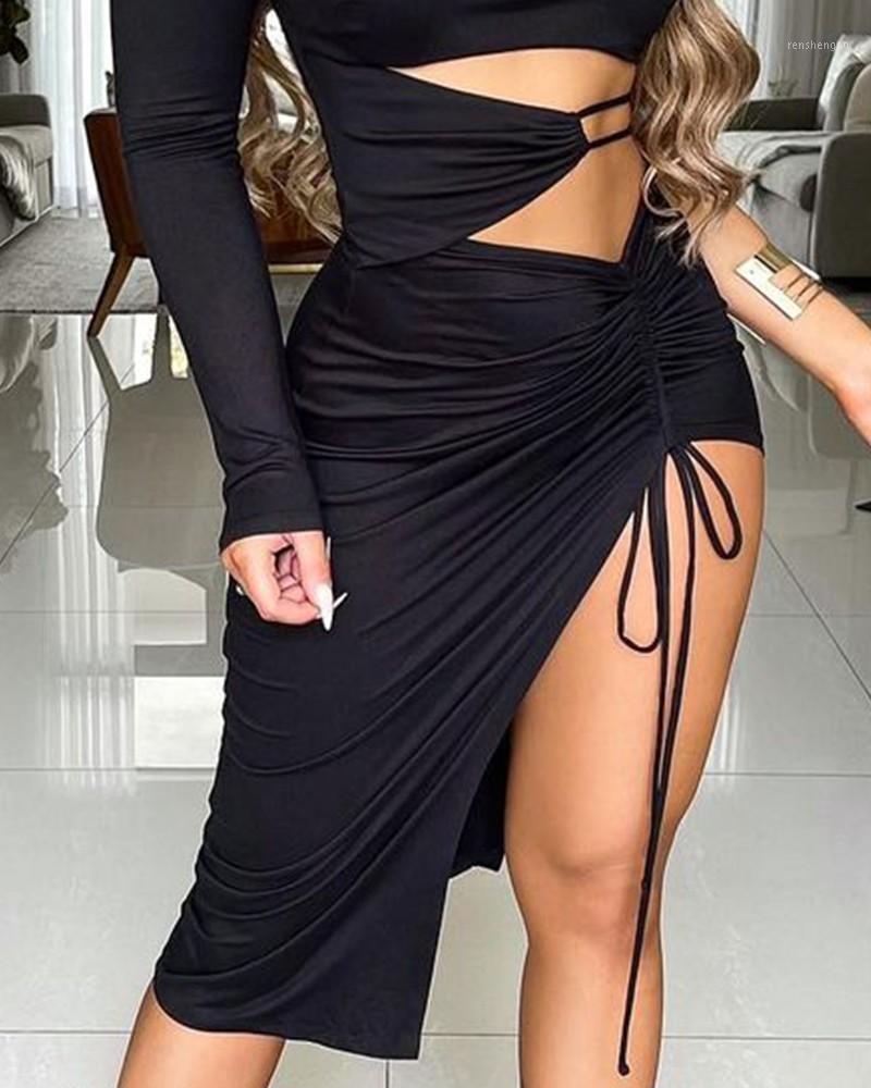 

Casual Dresses European And American V-neck Pleated Tight Party One Shoulder Drawstring Ruched Cutout Slit Bodycon Dress