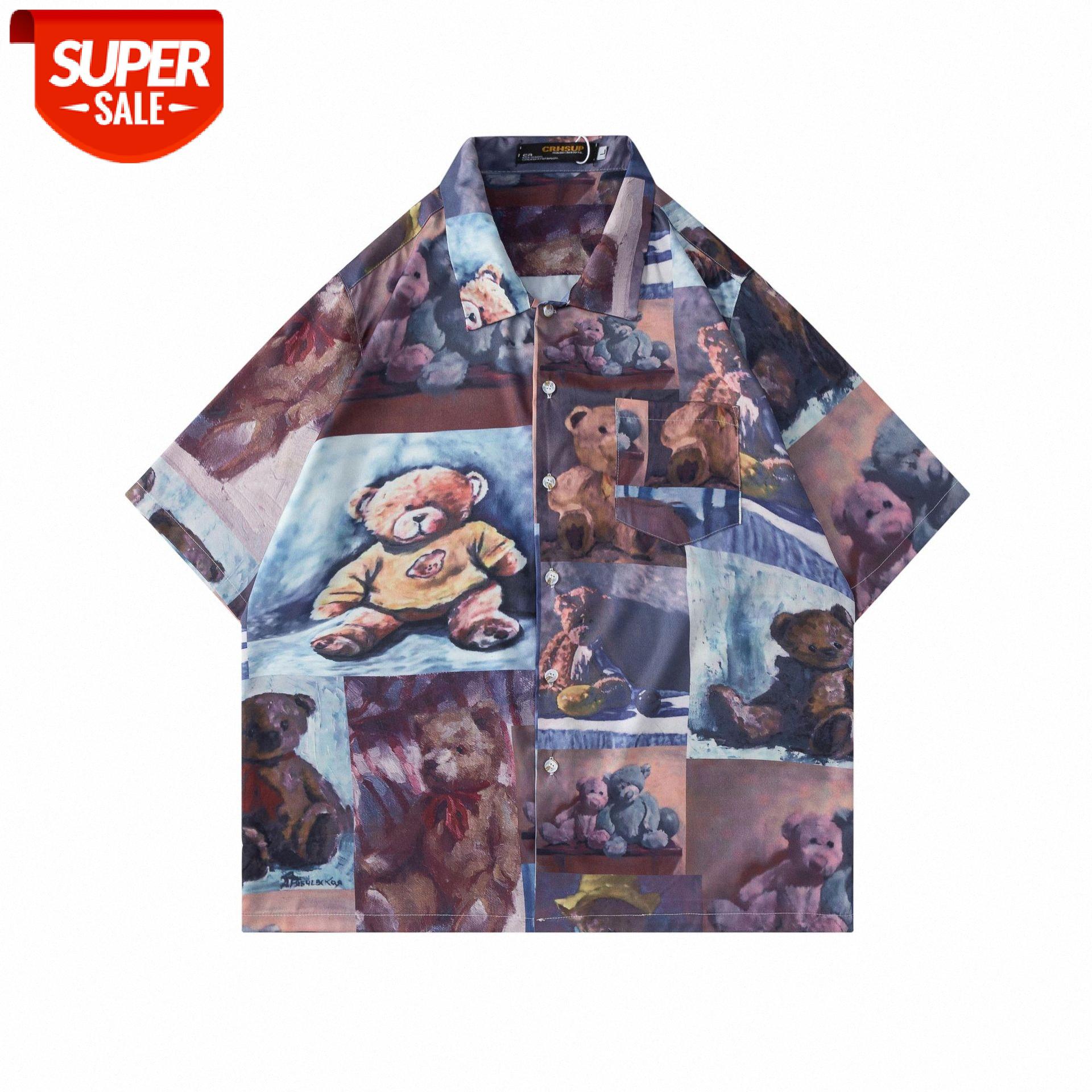 

Japanese retro Harajuku bf wind bear shirt men and women casual couple oversize loose half-sleeved jacket #k45u, White;black