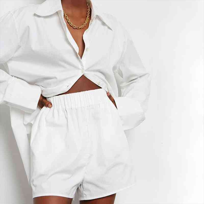 

womens long sleeve shorts cotton 2 piece set single-breasted shirt elastic shorts ladies suit female lounge wear sets, Gray