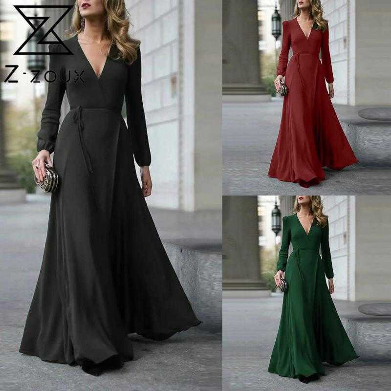

Women Dress V Neck Long Sleeve Maxi es Solid Lace Up Large Swing Vintage Temperament Ladies es Plus Size 210524, Army green