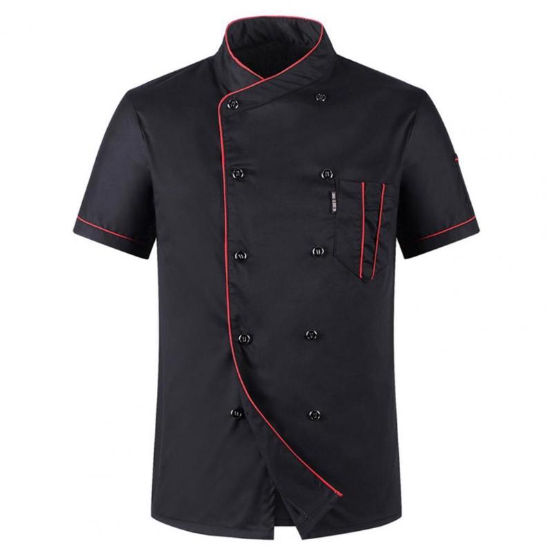 

Men's T-Shirts Men Chef Uniform El Kitchen Work Clothes Loose Short Sleeve Stand Collar Double-breasted T-shirt Waiter, Black
