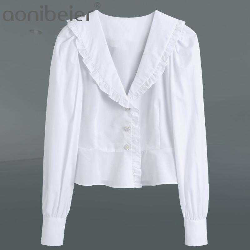 

Spring Women V Neck Button Decoration White Shirt Female Puff Sleeve Blouse Casual Lady Loose Tops Blusas Front Bottom 210604, As pic