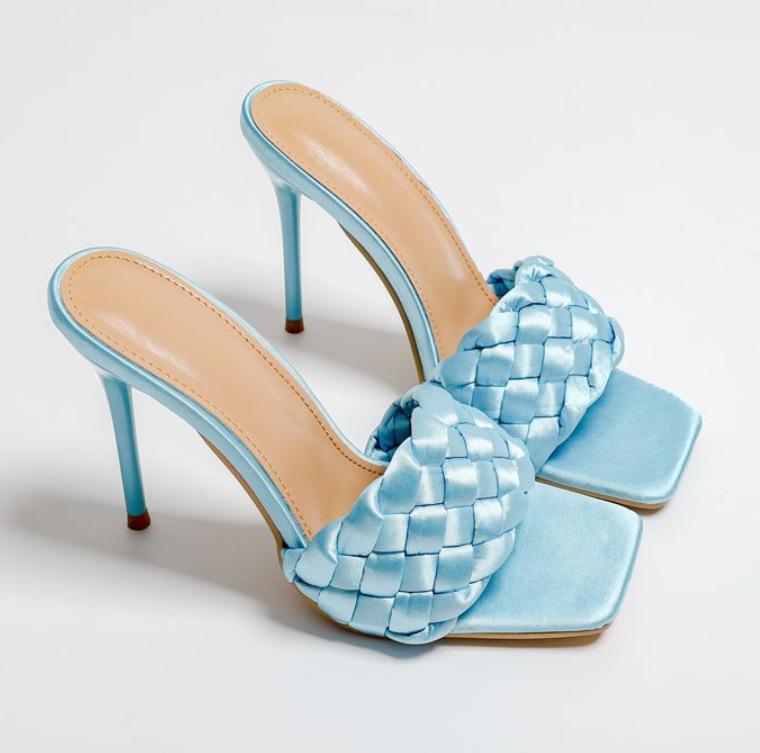

Shoes Woman 2021 Female Slippers Square Toe Big Size Heeled Mules Lady New High Thin Girl Basic PU Rubber Fabric Slides Fretwork