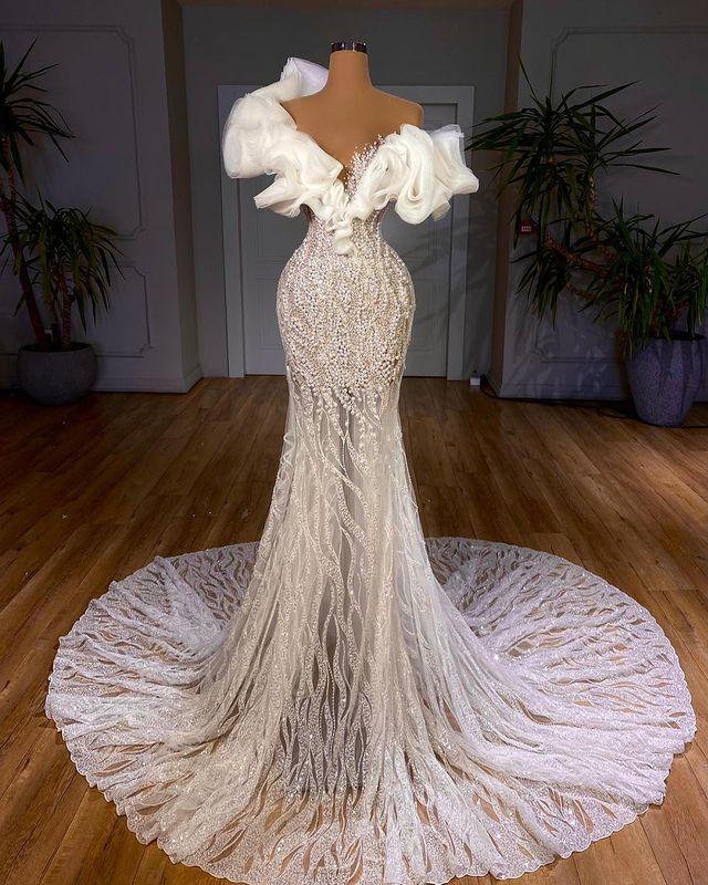 

Luxury Pearls Mermaid 2021 Wedding Dresses Bridal Gowns Lace Appliqued Beaded Crystal Sweep Train Robe de mariée, Custom made from color chart