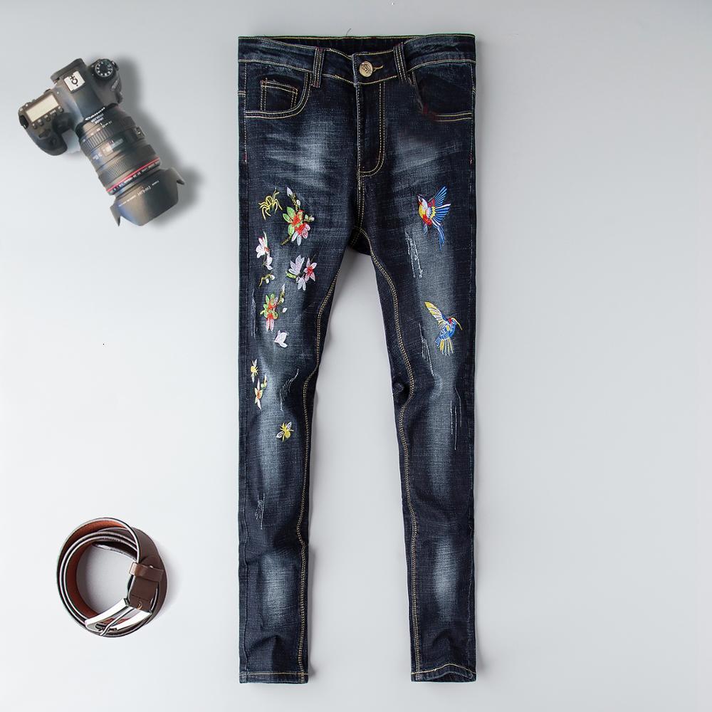 

2021 New Designer Clothes Men Jeans Stretch Destroyed Hip Hop Jean Homme Distressed Design Men's Slim for Male Pants Embroidery 92p1, Blue