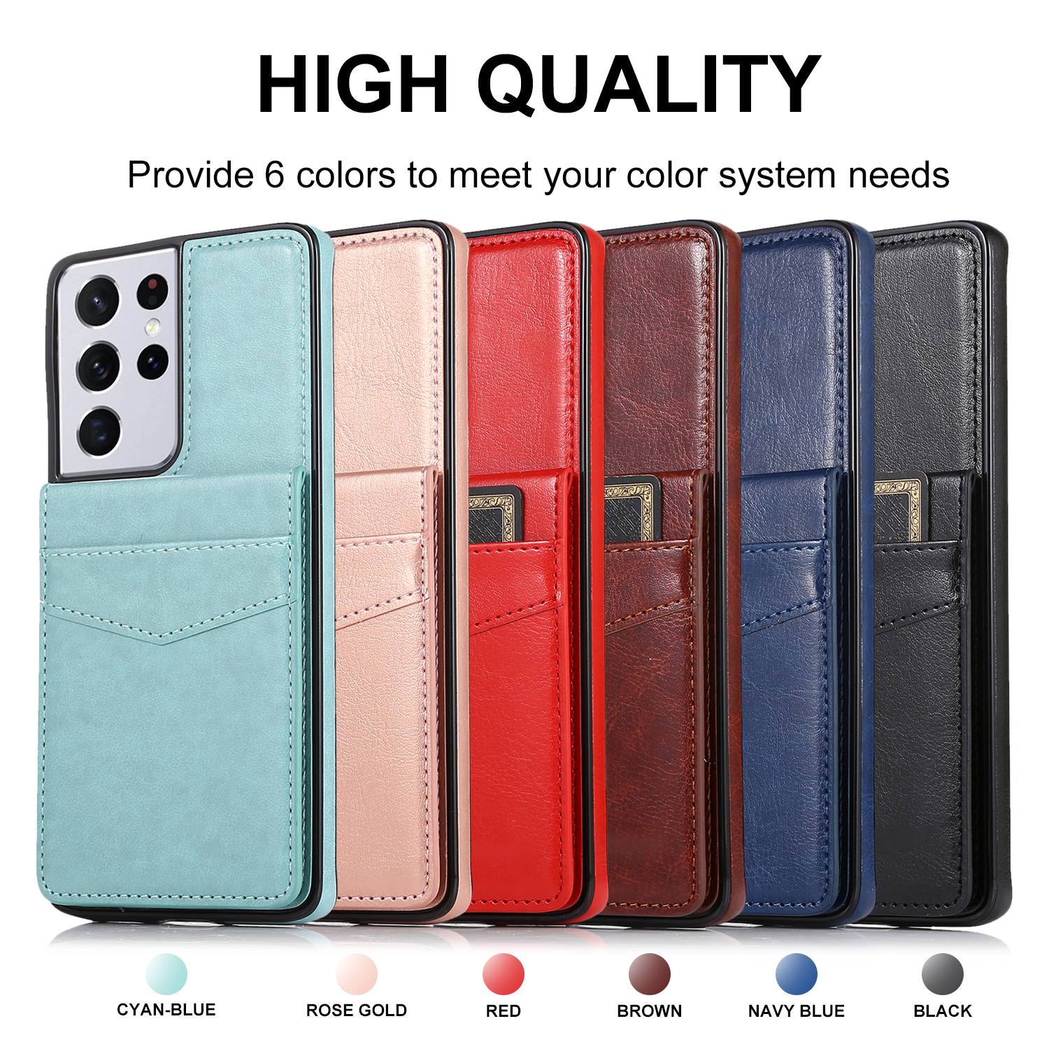 Shockproof Phone Cases for Samsung Galaxy S22 S21 S20 Note20 Ultra Note10 Plus Pure Color PU Leather Kickstand Cover Case with the Opening Card Holder Up and Down