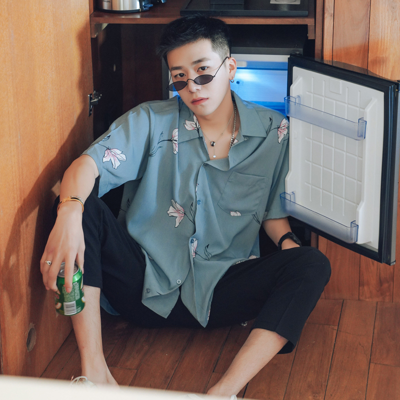 

2021 New Summer Men's Flower Printing Short Sleeve Lapel Collar Hawaiian Shirt French Cuff Mens Fashion High-grade Fabric Shirts Jfs5, Blue