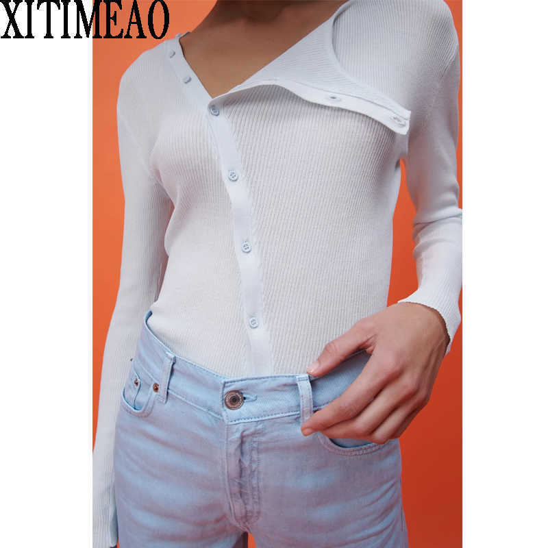 

Za Irregular Design Long Sleeve T Shirt Women Sexy Slim Spring Autumn Street Tops Tshirt Streetwear Short XITIMEAO 210604, Light blue