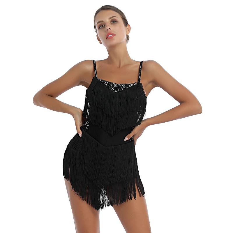 

Stage Wear Women Rhinestone Tassel Latin Dance Dress Tango Dancer Competition Performance Costume Backless Figure Skating Leotard Dresses, Black;red