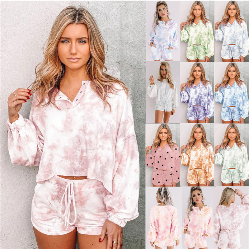 

2021 New Conjunto Para Mulher Servio De Casa Duas Peas Roupa Casual Pijamas Manga Longa e Shorts Tie Dye Solto Terno Homewear Ltsr, Gray