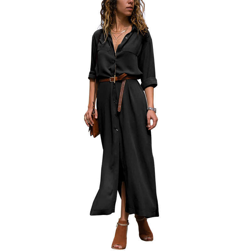 

Single Breasted Solid Color Turn Down Collar Long Sleeve Office Dress Women Casual Streetwear Elegant Ankle Length Dresses 210608, Dark blue