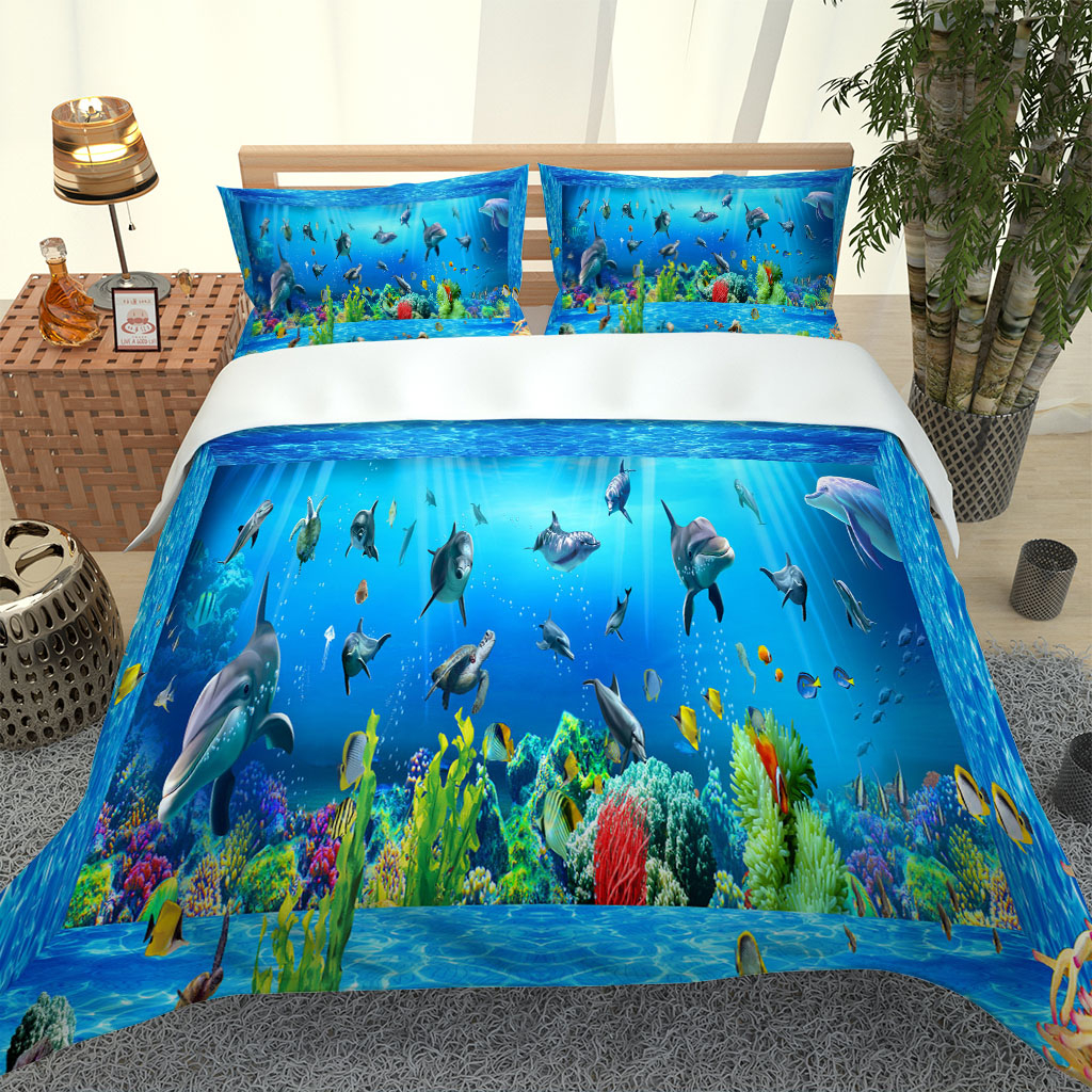 

Luxury Queen Single King Size blue ocean dolphin bedding set Duvet Cover Sets Single Full Queen BedClothes Quilt Covers, Customize