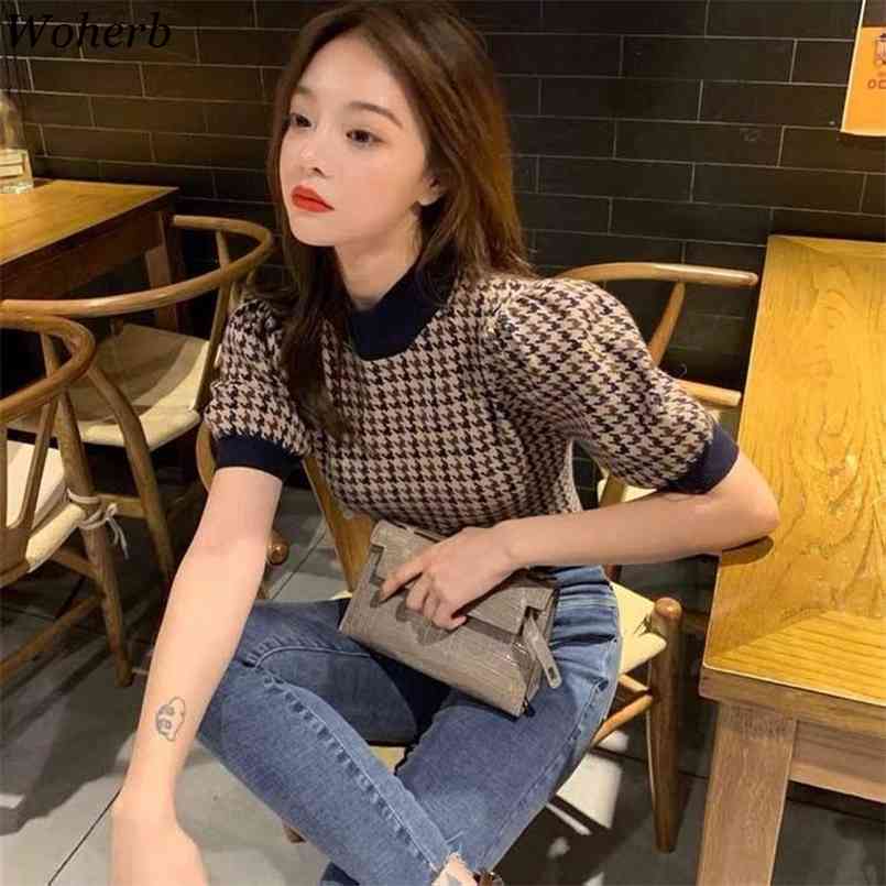 

Woherb Vintage Streetwear Summer Thin Knitted T-shirt Plaid Puff Sleeve Office Lady Slim Femme Women Chic Gentle Shirts Tops 210708, As photo