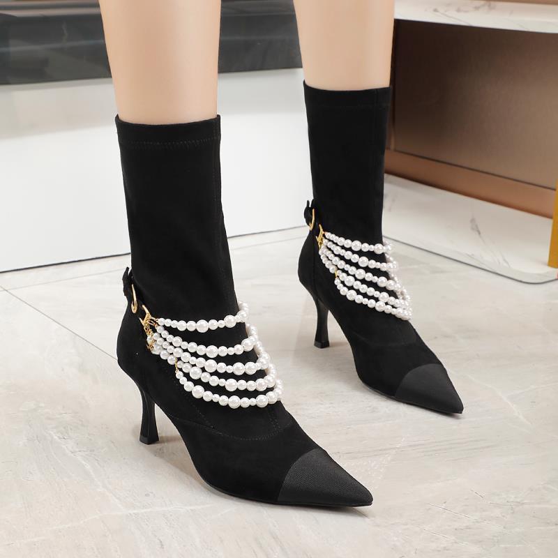 

Pearl Chain Womens Ankle Boots Black White Genuine Leather thin Heel Pump Femmes Bottes Mid-Calf Booties Ladies Party Prom Shoe Luxury brand