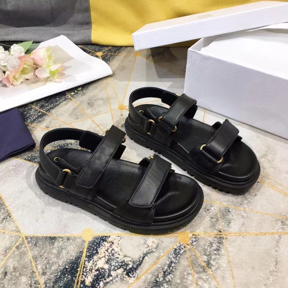 

Women Act Flat Sandal Designer Shoes Black White Lambskin HOOK & LOOP Sandals Gold Metal Letter Rubber Sole Shoe Two Adjustable Straps With Box, Color 1