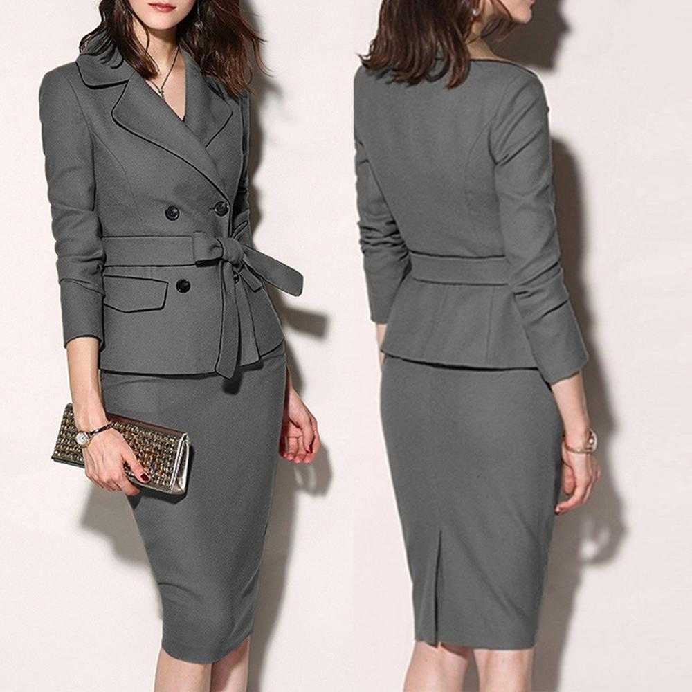 

Office Lady Work Blazer Skirt Suits Fashion Turn Down Collar Button Long Sleeve Slim Jackets Mini Skirts Two Pieces OL Sets 210708, Gray
