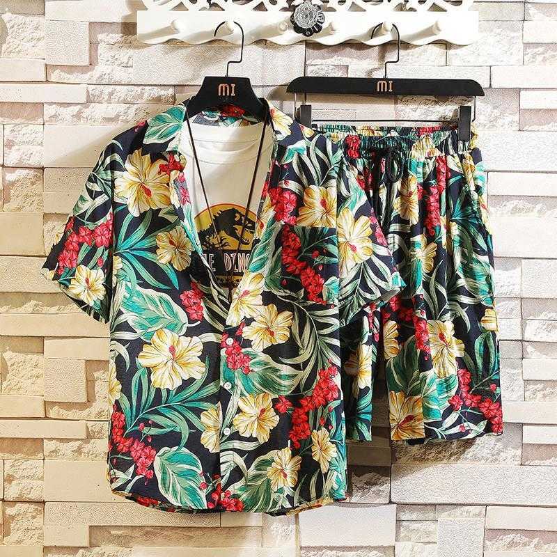 

Hawaii Beach Flower Shirt Outfits Men Handsome Set of Planky Handsome Short Sleeve Shorts Hip Hop Two-Piece X0610