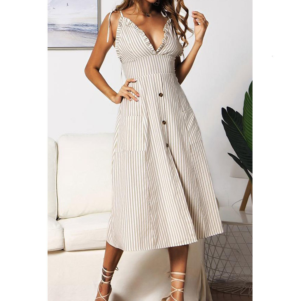 

2021 New Women Summer Elegant Ruffle Midi Sexy Strap v Neck Backless Blue Stripe Single Breasted Casual Pockets M1os