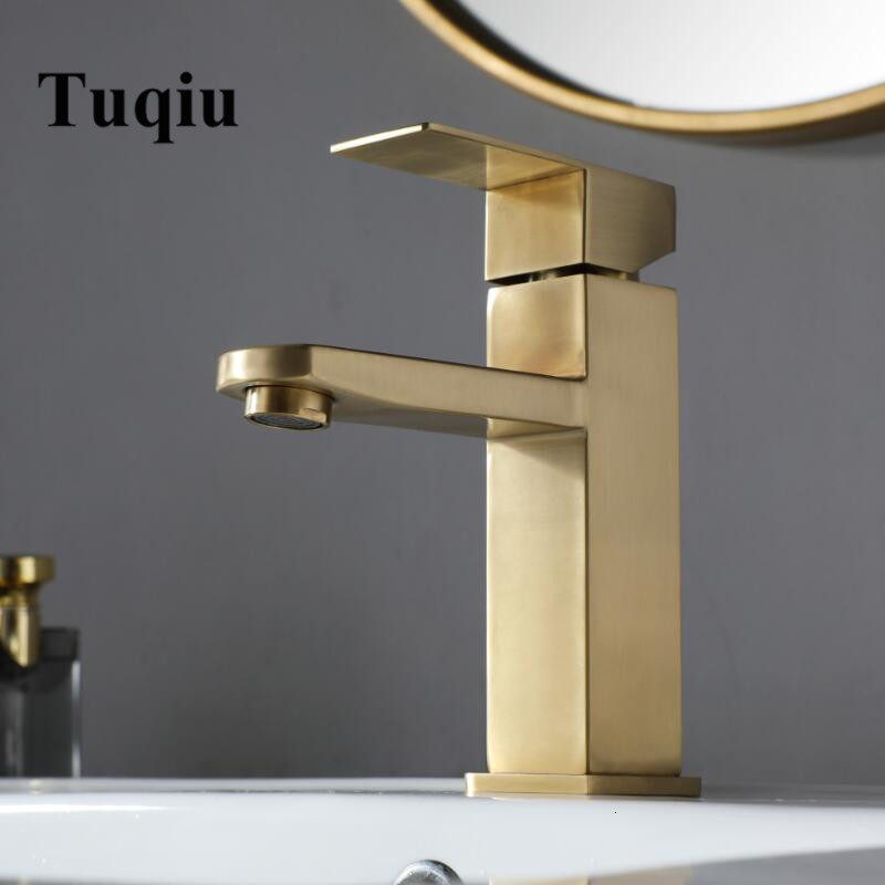 

2021 New Brushed Gold Basin Tap Mixer Hot & Cold 304 Stainless Steel Sink Bathroom Lavotory Faucet 9fq9