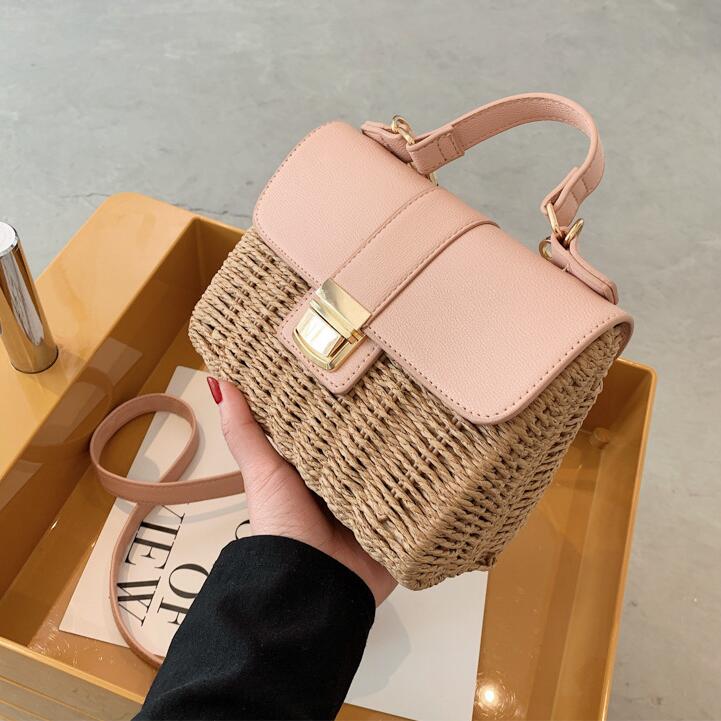 

Wholesale factory ladies shoulder bags summer sweet and lovely straw handbag fashion seaside holiday lock woven bag stereotypes simple contrast leather handbags