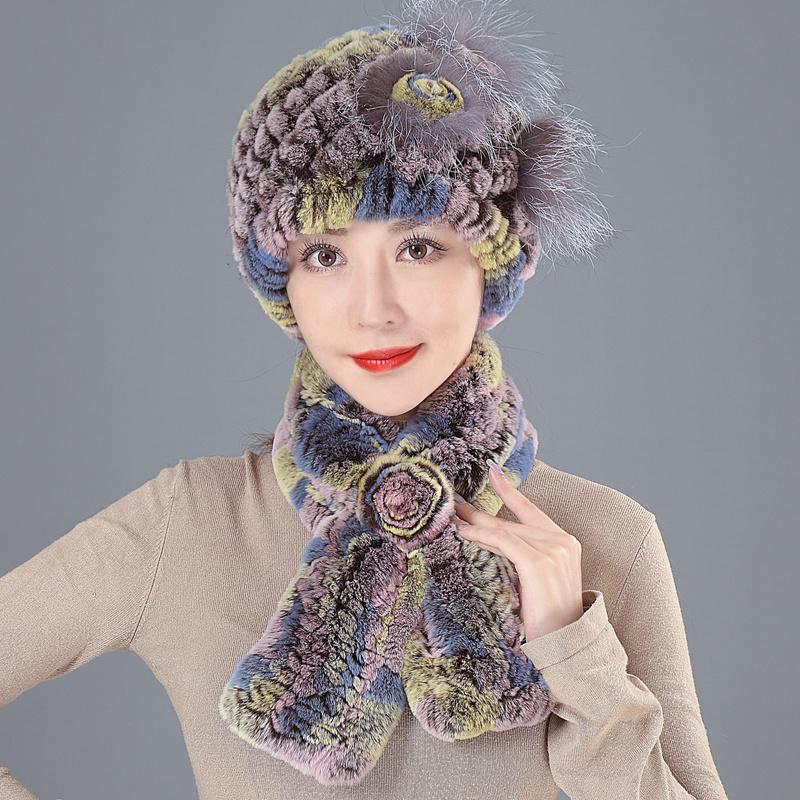 

Beanies Women Knit Real Rex Fur Hat Scarf Sets Natural Warm Scarves Winter Lady