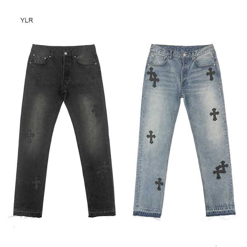 

Mkszy autumn and winter ch cross skinned wash make old straight tube loose casual jeans pants men's fashion, Black