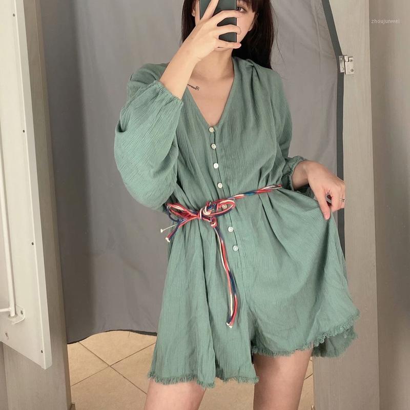 

Summer Women Vintage Playsuits Jumpsuit Rompers Long Sleeve Sashes V-Neck Buttons Female Solid Playsuit Overalls Women's Jumpsuits &