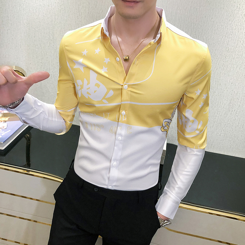 

2021 New High Quality Digital Casual Male Shirt Fashion Long Sleeve Tuxedo All the Lean Set Shirts for Hombre 3xl Ktjd, Lemon yellow.
