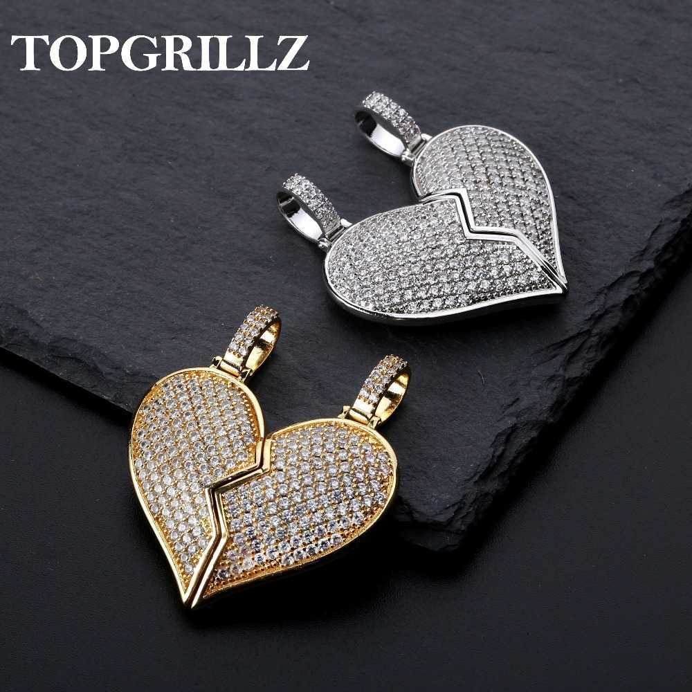 

Solid Back Heart Broken With Magnet Iced Out Pendant Necklace Mens/Women CZ Chains Hip Hop Gold Silver Color Charms Jewelry Gift X0707