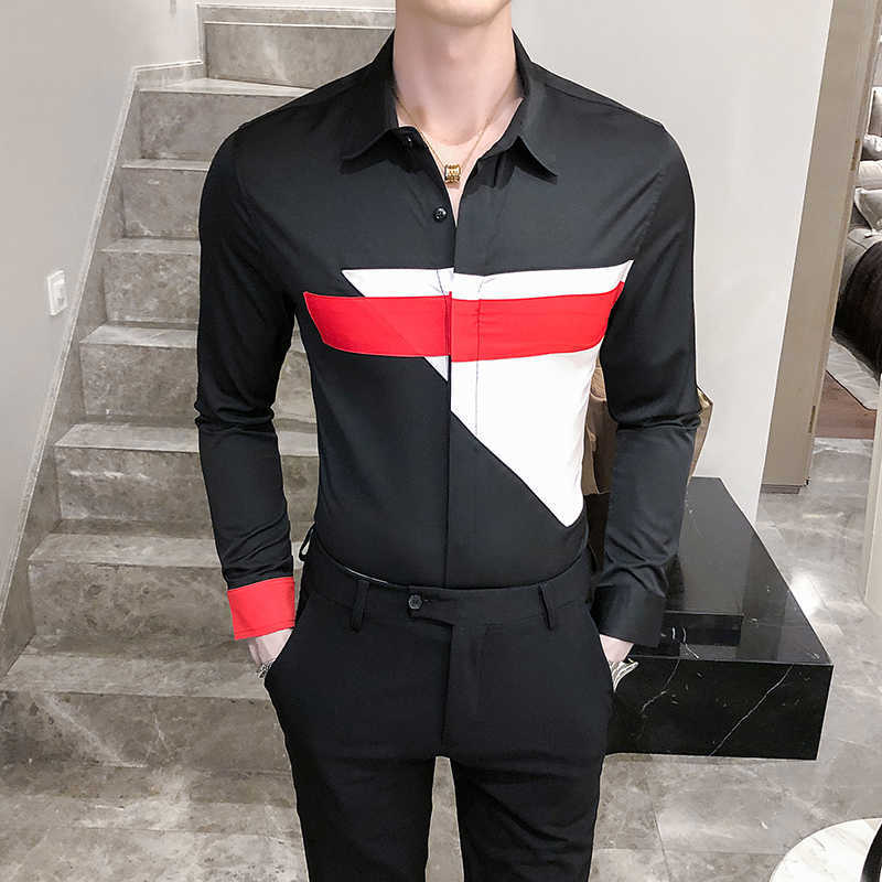 

Autumn Shirts for Men British Style Business Long-sleeved Top Stitching Slim Fit Casual Shirt Streetwear Camisa Masculina 210527, Black