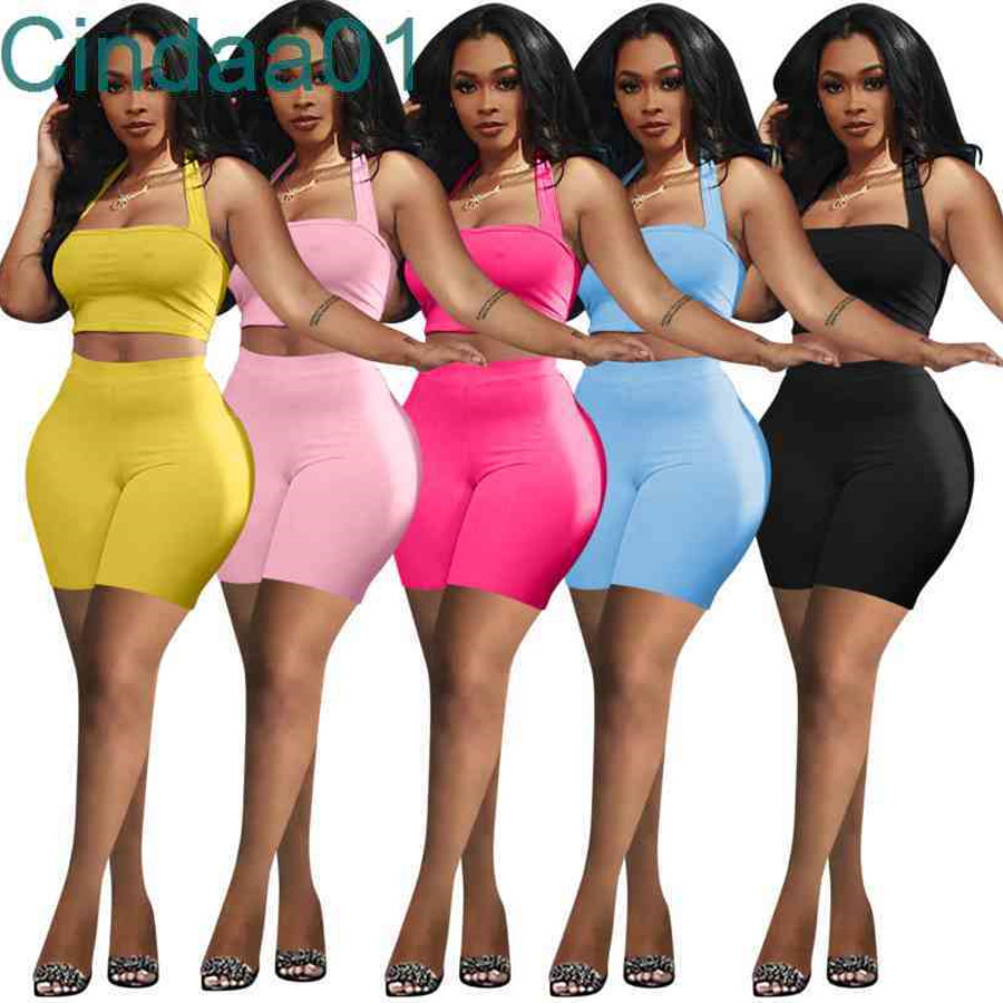

Women Tracksuits Two Piece Set Designer Outfits Sleeveless Sexy Hollow Out Solid Color Hanging Neck Vest Shorts Sportwear, Light bluexo-17