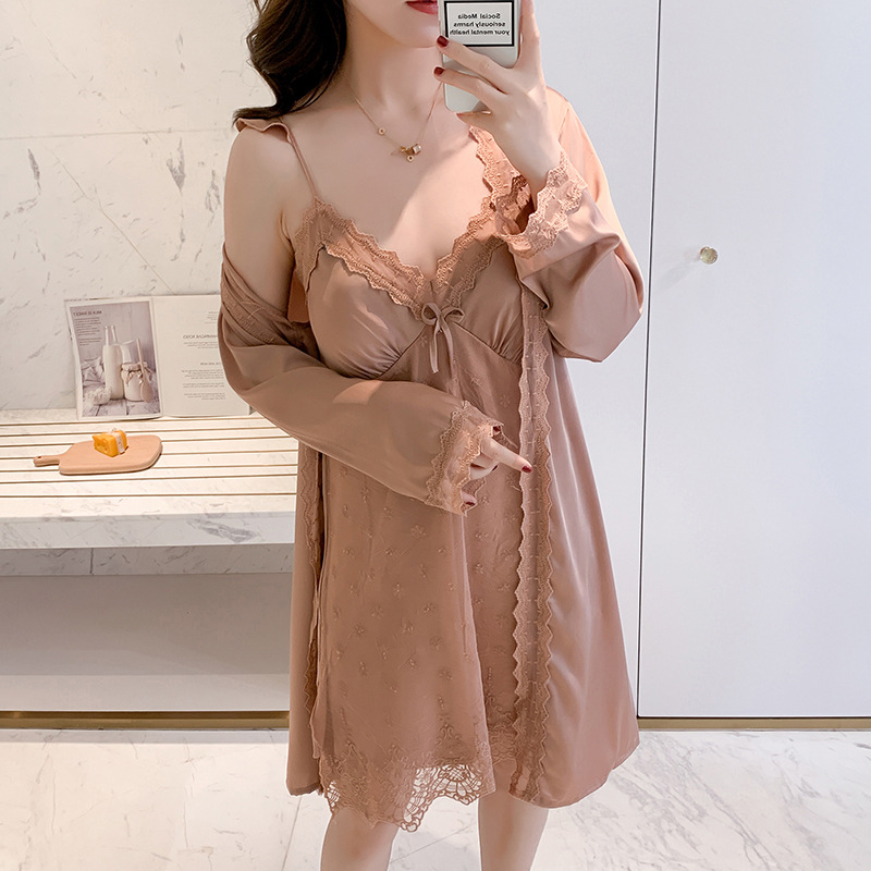 Summer Sexy Embroidery Lace Trim Satin Women Sleepwear Robe Nightdress 2PCS Nightgown Lady Brides Bridesmaid Wedding Robe Gown-image-708210880