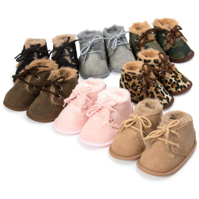 

First Walkers Cute Baby Boys Girls Solid Lace-Up Boots Cross-tied Winter Shoes Keep Warm Plush
