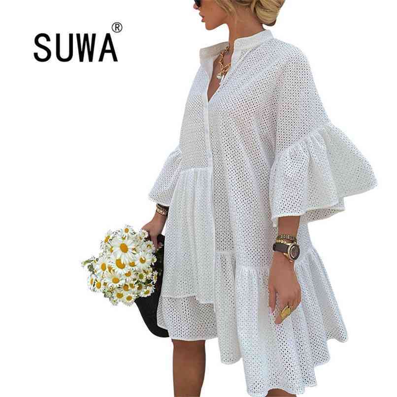 

Summer Elegant All Black White Stand Collar Butterfly Sleeve Irregular Loose Women Casual Dress Boho Wedding Vestidos 210525