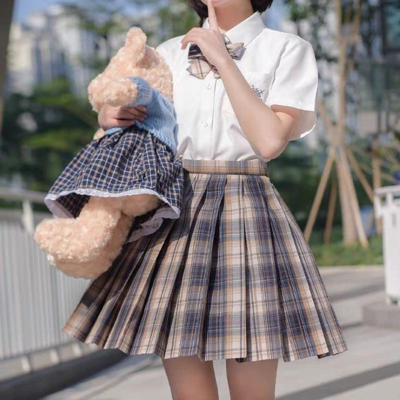 

Skirts Young Women's Skirt Harajuku Classic Navy Blue Pleated Tops Set High Waist Office Lady Mini White Shirt Suit, Q9linmeng