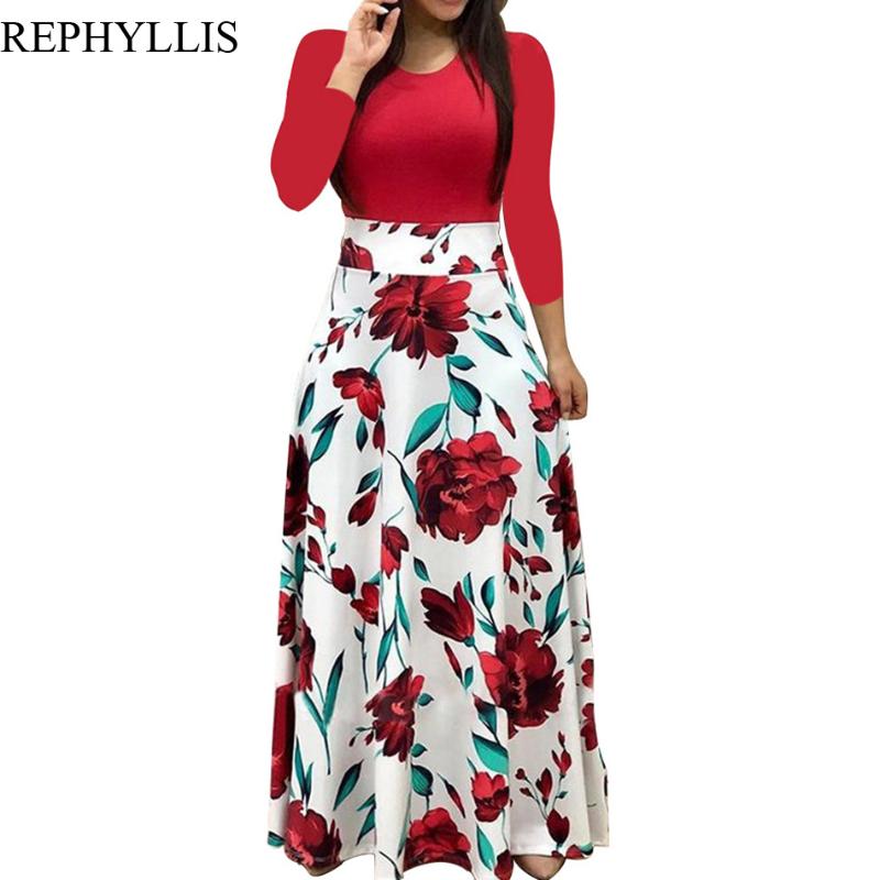 

Casual Dresses REPHYLLIS Ladies Printing Long Sleeve O Neck Swing Dress Women Prom Ceremony Elegant Floor Floral, Green floral