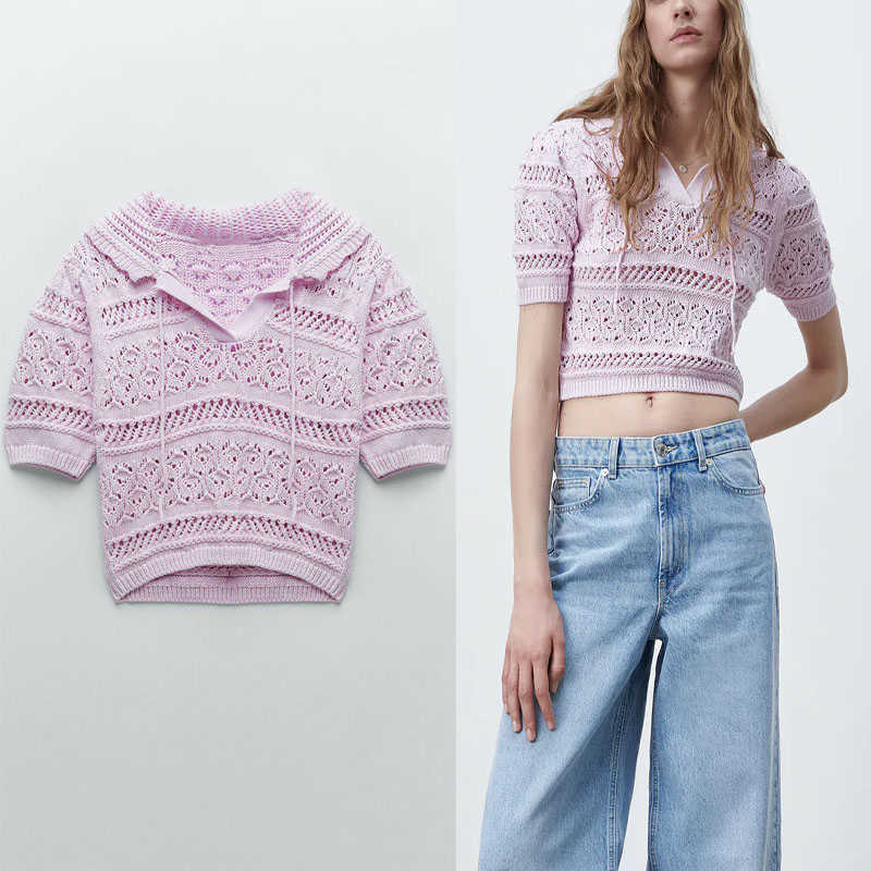 

Za Pink Cropped Knit Sweater Women Short Sleeve Drawcord Lapel Collar Spring Pullover Woman Openwork Vintage Knitted Top 210602