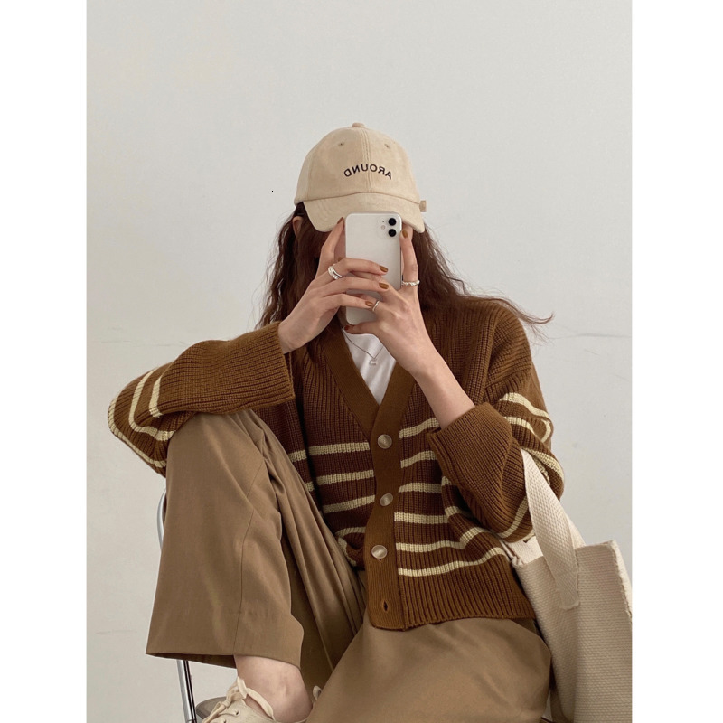 

women's sweaters short korean autumn winter college style drop shoulder v-neck contrast stripe coat wm* a2l8, White;black