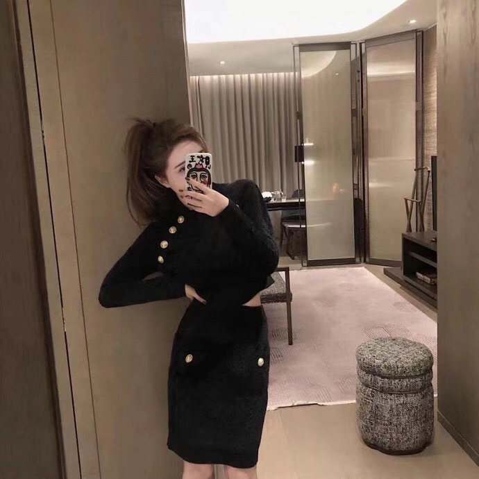 

223 2021 Spring Summer Crew Neck Two Pieces Sets Regular Black White Long Sleeve Panelled Fashion Above Knee Luxury Faluolan