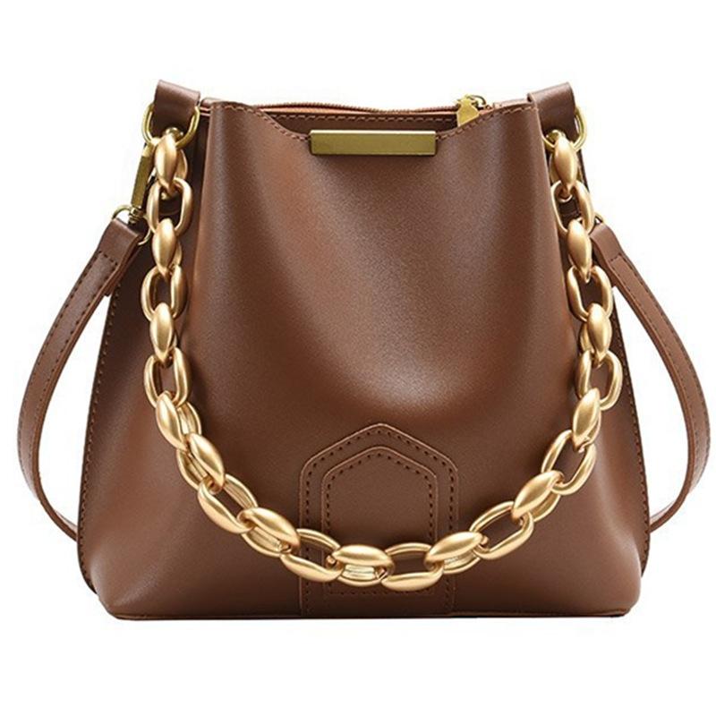 

Golden Thicken Chain Women Bucket Shoulder Bag 2021 Luxury Desiger Chic Black Crossbody Bags Female Vintage PU Leather Handbags
