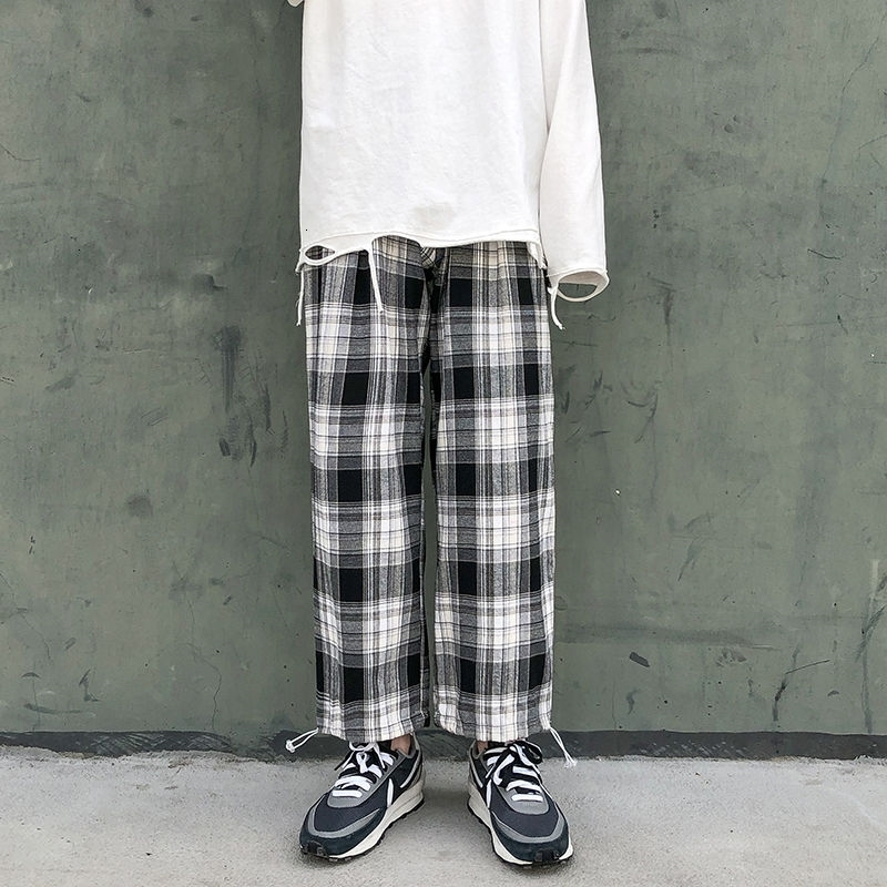 

2021 New Spring Cotton Plaid Men' Fashion Retro Wide-leg Men Streetwear Loose Hip-hop Straight Casual Pants Mens Trousers Hhzy, Blue