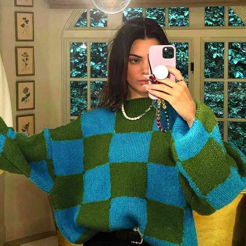 

vintage plaid sweater women oversized autumn winter harajuku knitted korean fashion pullover loose long sleeve pull femme, White;black