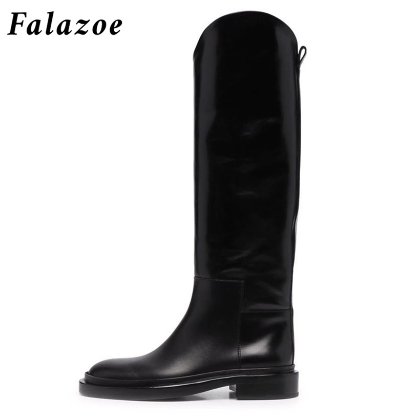 

Falazoe Faux Leather Riding Boot Designer Brand Luxury Knee High Tall Black Slip on Flat Autumn Female Shoes 220108